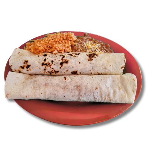 Homemade burrito plate from B & E Burritos in Hatch, New Mexico served with rice and refried beans on a red plate.